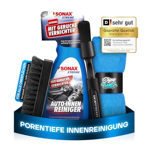 SONAX XTREME (500ml) Innenraumreiniger Auto + Bürste + chemicalworkz Pinsel + Shiny Freaks Mikrofasertuch - Auto Innenraum Reiniger Kunststoff Polster Leder Cockpitpflege Auto Reinigungsset