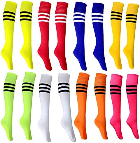 Aulufft Neon Knee High Socks, 8 Pairs Striped Tube Sock Athletic Baseball Basketball Dance Neon Colored Soccer Socks for Adult Girls Women Youth, 8 Colors/Set