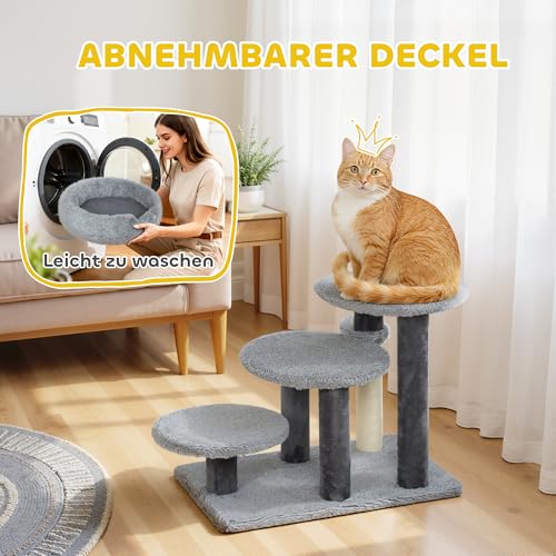PawHut Katzentreppe 3-stufige Haustiertreppe mit Bett Ball Hundetreppe Tiertreppe für Katzen bis 5 kg Plüsch Grau 60 x 40 x 56 cm