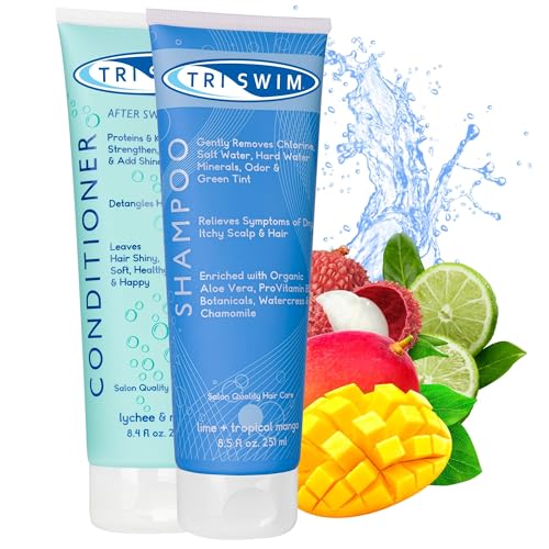 TRISWIM - Ensemble de Soins Capillaires Anti-Chlore, Shampoing Anti-Chlore, Apres Shampoing Neutralisant le Chlore, Shampooing Hydratant Pour Nageurs, Après Shampoing Pour Les Nageurs (501ml)