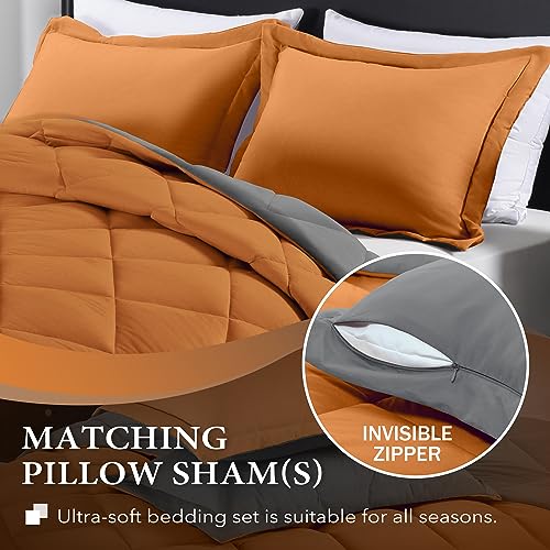 Image of downluxe Queen Comforter Set - Burnt Orange and Grey Queen Comforter, Soft Bedding Sets for All Seasons -3 Pieces - 1 Comforter (88 inchx92 inch) and 2 Pillow Shams(20 inchx26 inch)