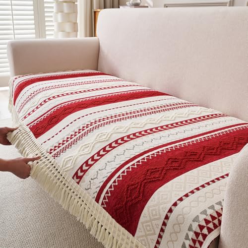 Image of HOKIPO Bohemian Jacquard Weave Sofa Cover Mat with Tassel for 1 /2 /3 Seater & L Shape Sofa | Anti-Slip DIY Sofa Cover Set | 'NordicTassel Series' | 90(W) x 170(L) cm | Ruby Cream (AR-6555-RED)