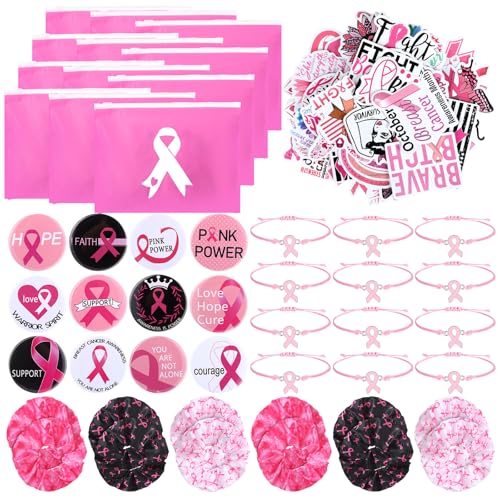 Capoda 98 Pcs Breast Cancer Awareness Accessories Includes Pink Ribbon Awareness Bracelets Hair Scrunchies Stickers Pins Makeup Bags Breast Cancer Survivor Items for Women Charity Event Supplies