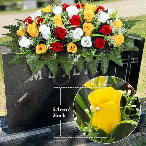 Artificial Cemetery Flowers Saddle, Grave Flowers Rose for Cemetery, Memorial Headstone Flowers Saddle for Grave Tombstone Decorations (1, Red & Yellow & White) image 8