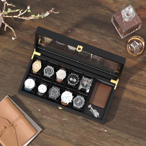 Image of Watch Box Organizer for Men, 10 Slot Watch Display Case With Glass Lid, Wooden Watch Storage Mens Watch Case, Watch Holder Organizer for Men Women -10 Slot, Black