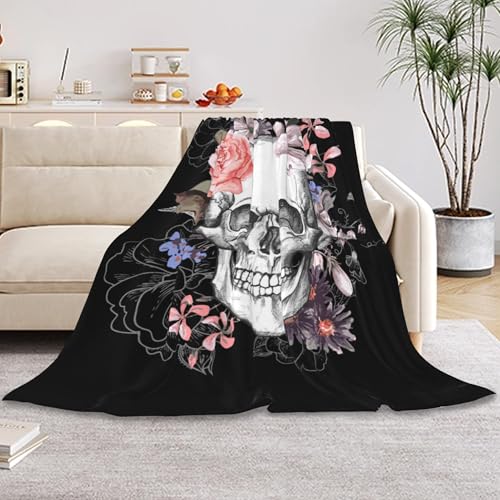 HUSITI Skull Flowers Halloween Decor Throw Blanket,Flannel Soft Home Decor for Women Men Birthday Gifts, GentleSoft Cozy Fruit Pattern Blankets for Couch Bed Camping,50"x60"
