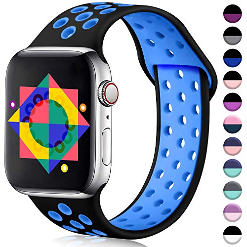ilopee Sport Band Compatible for Apple 5 Watch 44mm, Silicone Breathable Strap Wristbands Replacement with Holes for iWatch 42mm Women Men, Black/Blue, M/L