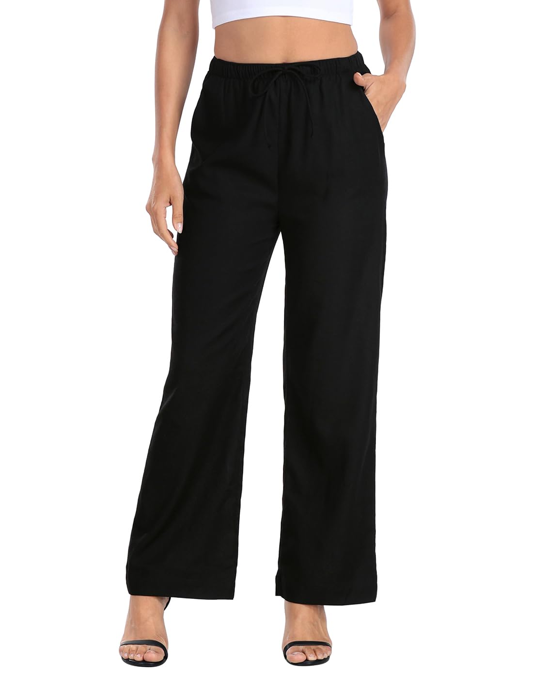 HDE Women's Linen Drawstring Pants Wide Leg Casual Palazzo Trouser with Pockets