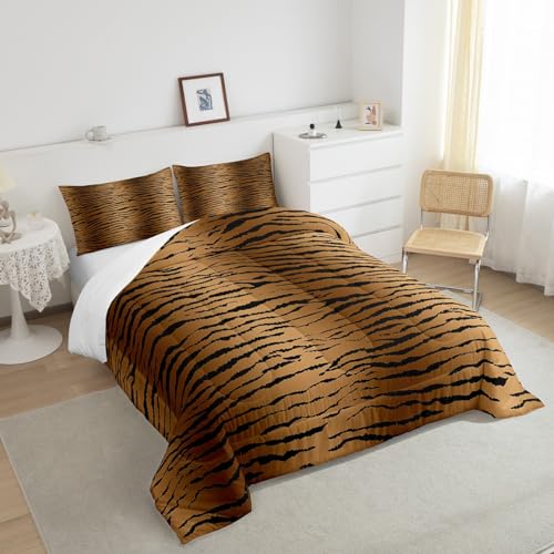 Image of Feelyou Black Brown Comforter Set Tiger Skin Bedding Set Toddler Size for Kids Adult Leopard Print Comforter Wild Animal Stripes Print Duvet Set Safari Cat Printed Room Decor 2Pcs Quilt Boys