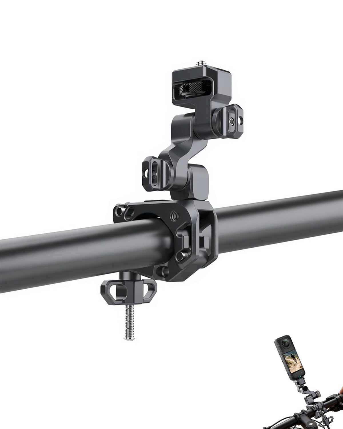 Soporte de manillar de bicicleta de 3 ejes para Insta 360 X5 y con interfaz de tornillo de 1/4 pulgadas, etc. Cámaras de acción, soporte de abrazadera de cámara súper abrazadera para