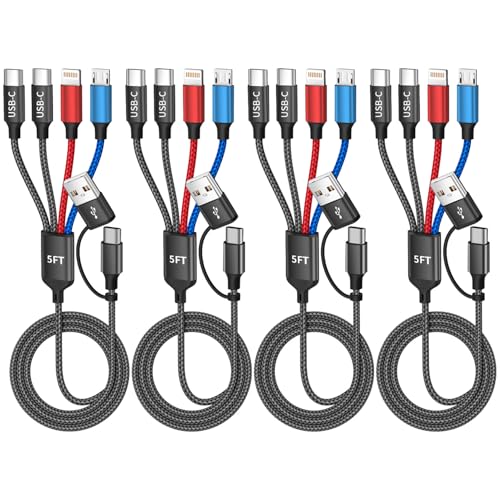 Image of Travel Essentials 2026, 4 in 2 Charging Cable with Dual Type-C /IP /Micro USB | 4Pack 5FT USBA /C Multi Charging Cable for Multiple Devices, Phone Charger Cord for iPhone17-8, Android, More, Car Accessories
