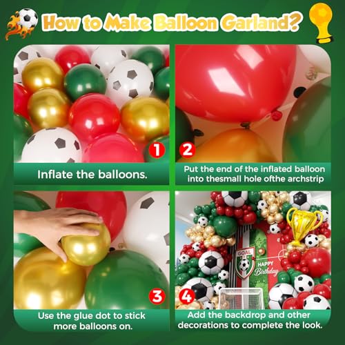 Image of Soccer Party Decorations 160Pcs, World Soccer Balloon Garland Arch Kit with 18'' Football Foil Balloons, Green and Red Football Print Balloons for Boys Sports Fan Birthday Soccer Party Decor