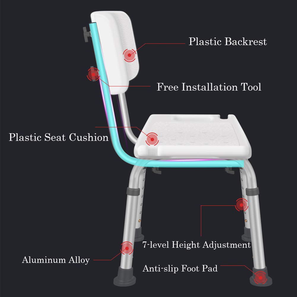 Ergonómico Blanco Silla de Ducha con Respaldo y Teras Antideslizantes,Ensamblaje Sin Herramientas Taburete de Ducha-Regulable en Altura,para Ancianos y Discapacitados