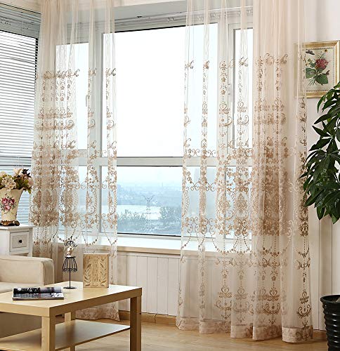 High Grade European Embroidered Sheer Curtains Rod Pockets Top Window Treatment Voile Panel Drape For Living Room Bedroom Kichen And Dining Room(1 Panel,W50 X L102 Inch,Beige Bottom+Gold Embroidery) #TOP1