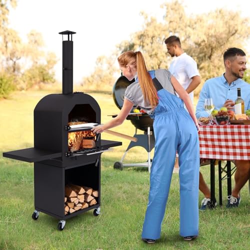 HAPPYGRILL Outdoor Wood Fired Pizza Oven w/Firewood Storage, Side Shelves, Patio Pizza Maker wi/Pizza Stone & Peel, 2 Cooking Grills & Thermometer, Portable Pizza Stove for Backyard Party Camping - Thumbnail 2