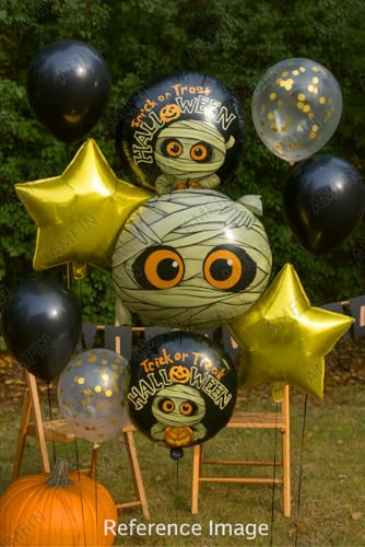 Image of AMFIN (Pack of 11) Halloween Balloon Decoration Set - Mummy Foil Balloon, 2 inchTrick or Treat Halloween inch Round Balloons & 2 Gold Star Balloons - Spooky Party Supplies for Kids & Adults