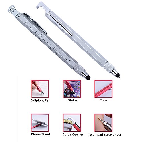 Shulaner 7 in 1 Tech Tool Ballpiont Pen with Ruler, Bottle Opener, Phone Stand, Ballpoint Pen, Stylus and 2 Screw Driver, Multifunction Tool Fit for Everyone Silver