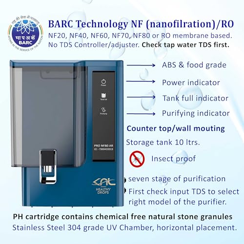 Image of KNL PRO NF80 AR Blue NF (Nano Filtration) water purifier with SS 304 UV, with Alkaline regulator, for input TDS range (750-1400) ppm, Reduces TDS (85)%, no TDS controller, tank 10 liters + TDS meter