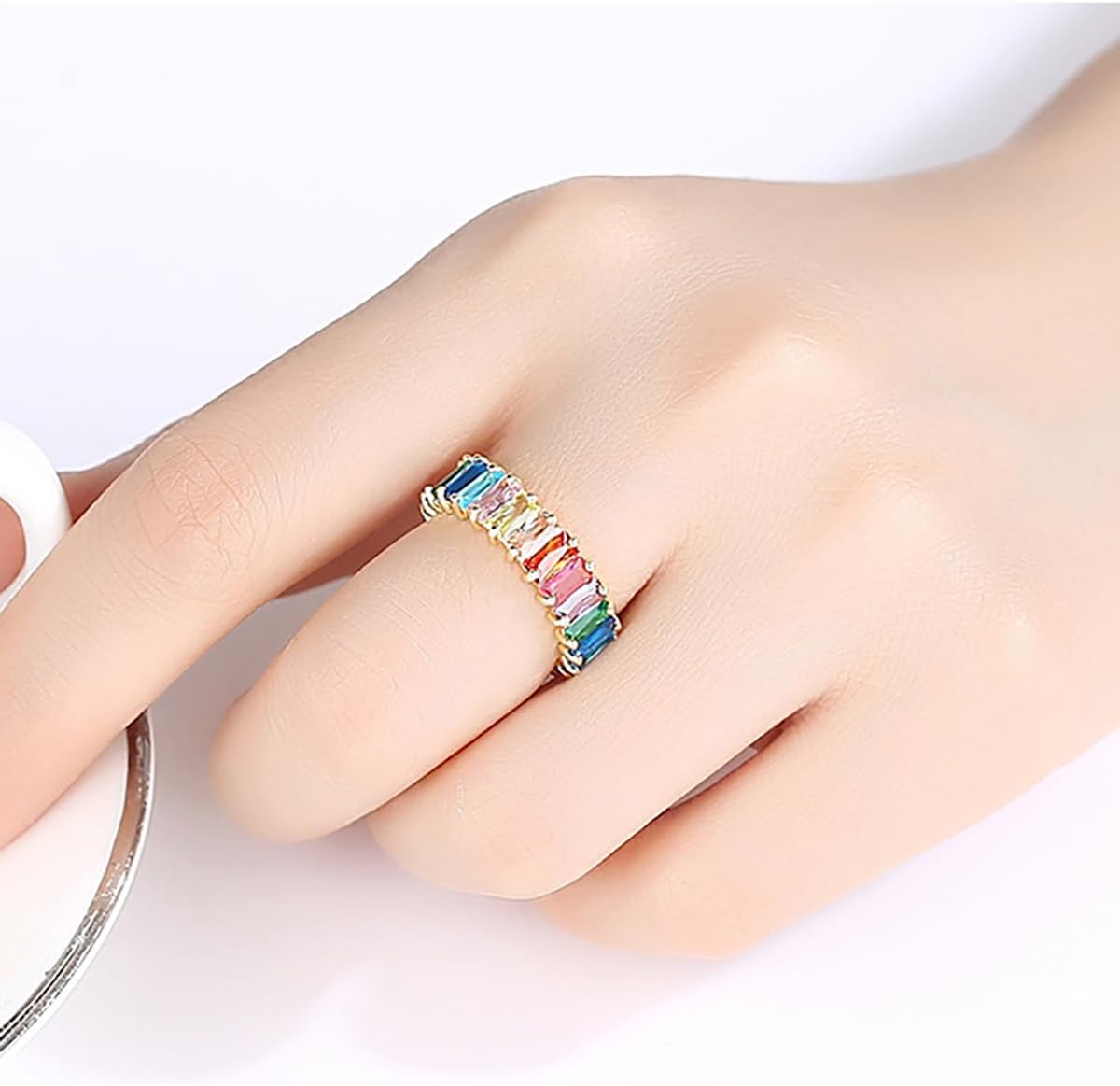 Colorful Rectangle Moissanite Eternity Band in 14K Gold for Women, Ideal for Birthday and Engagement Celebrations, Size 6-9 - Image 3