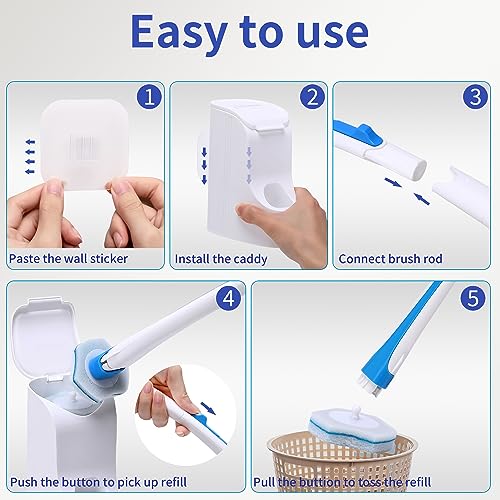 Image of Disposable Toilet Brush with 40PCS Refills, Wall Mounted Compact Bathroom Bowl Wand Cleaning System Long Handle with Storage Caddy