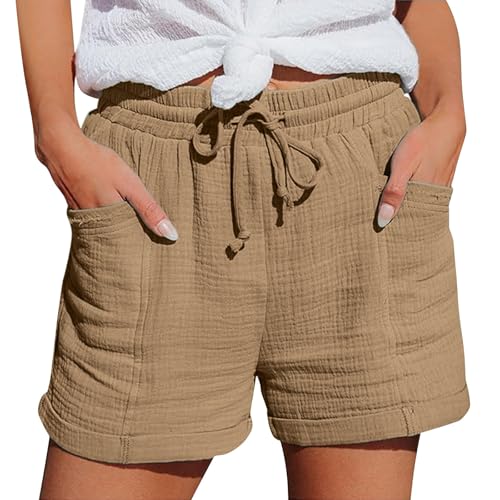 Plus Size Cotton Linen Shorts for Curvy Women,Womens Bermuda Elastic Waist Drawstring Flowy Casual Summer Gauze Beach Shorts,Spring Break Outfits 2026 Khaki Large