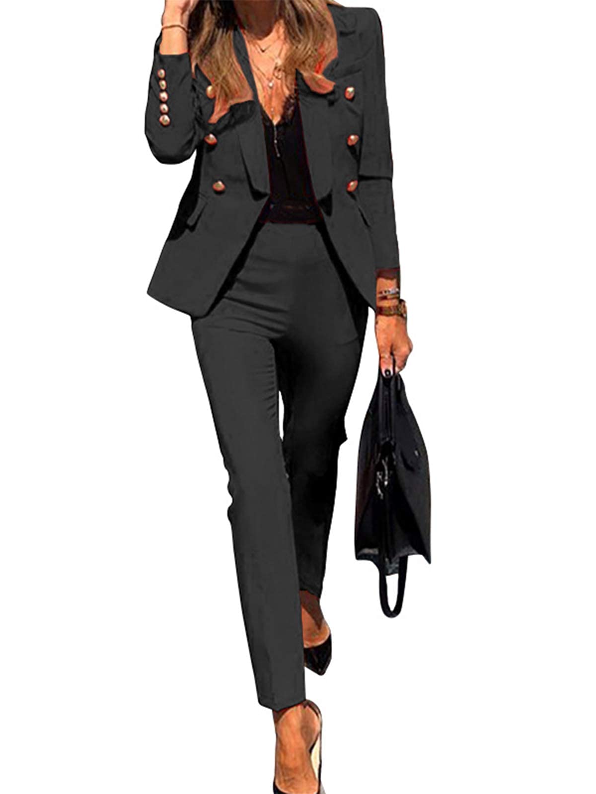 Onsoyours Conjunto de Traje de Dos Piezas para Mujer Formal Oficina de Negocios 2 Piezas Elegante Vintage Manga Larga Color Sólido Traje