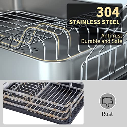 Genteen Dish Drying Rack, 2 Tier Large Dish Drying Rack With Drainboard 304 Stainless Steel Dish Rack For Kitchen Counter With Swivel Spout, Utensil Holder, Cup Rack #TOP2