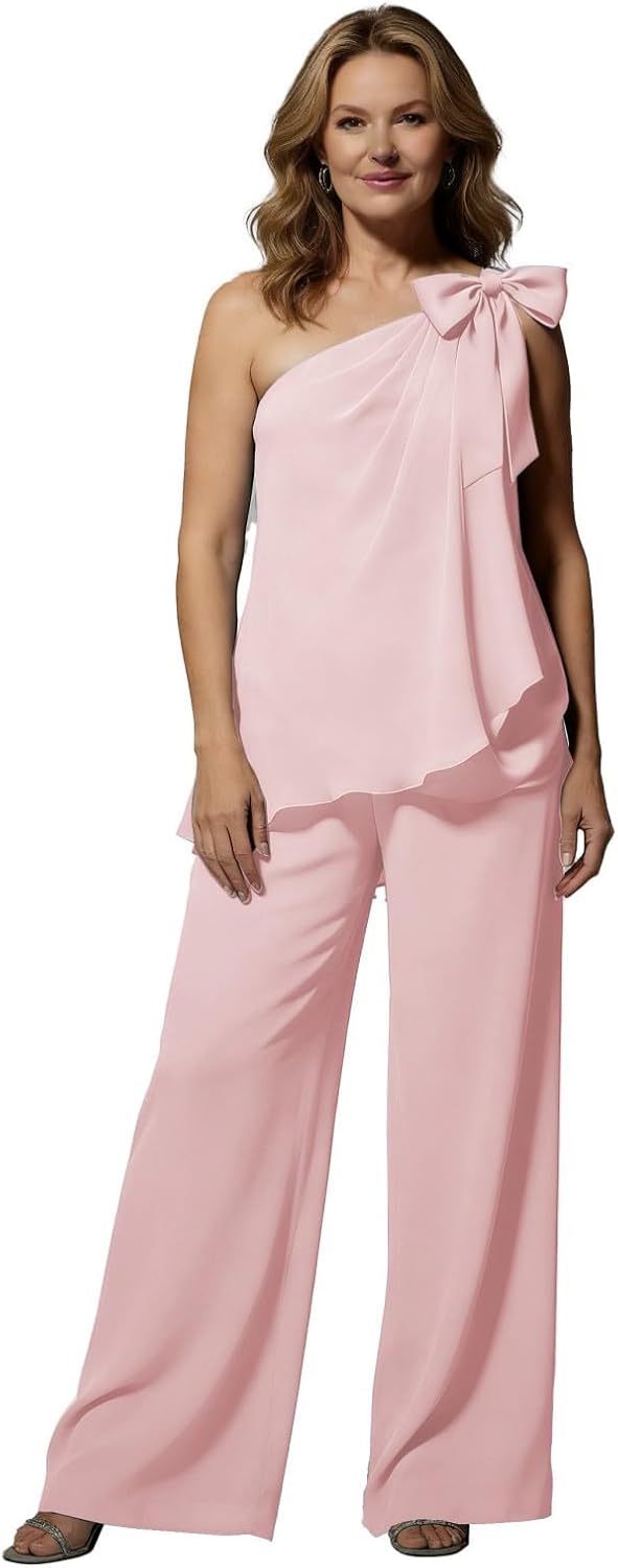 Mi Bo Tong Mother of The Bride Pant Suits 2 Piece Outfit One Shoulder Bow Wedding Chiffon Guest Suit