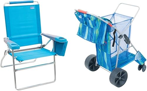 Rio Beach Silla de playa plegable de 4 posiciones de altura extendida de 17 pulgadas, aluminio, turquesa y marcas Rio Deluxe Wonder Wheeler ancho,