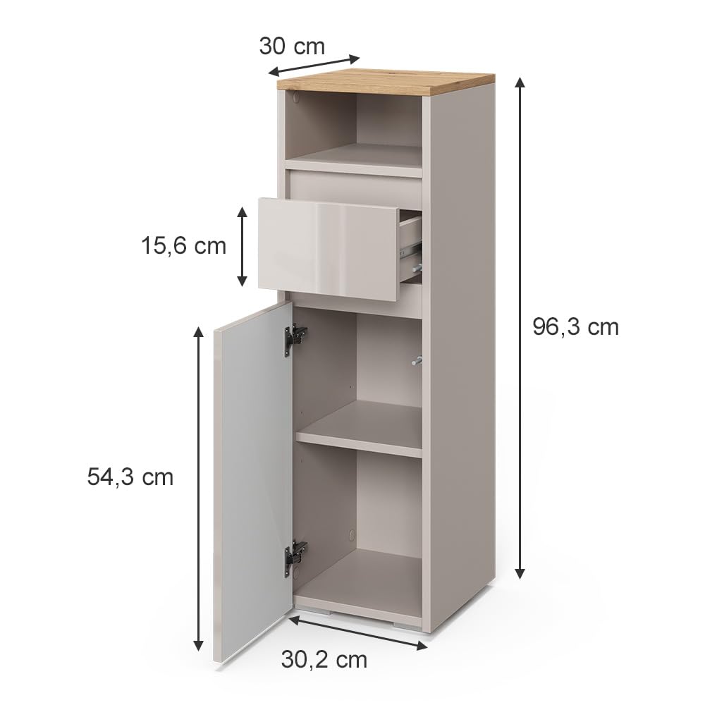 Vicco Szafka Midi "Majest", Kaszmir, 30.2 x 96.3 cm | z szufladą i drzwiami, pour le rangement des accessoires de salle de bain et combinable