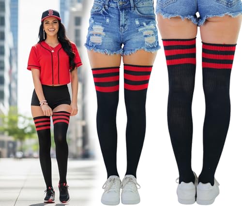 Image of ToBeInStyle Women's Heavyweight Knit Thigh High Long Socks w /Contrast 3 Stripe Top Band