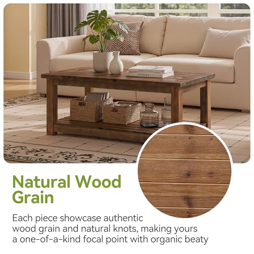 Image of LITTLE TREE Solid Wood Coffee Table, 47-Inch Living Room Center Table with Shelf, 2-Tier, Easy Assembly, 23.6 inch D x 47.2 inch W, Rustic Brown