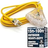 15-ft 14/3 Heavy Duty 3-Outlet Lighted SJTW Indoor/Outdoor Extension Cord by Watt's Wire - Yellow 15' 14-Gauge Grounded 15-Amp Three-Prong Power-Cord (15 foot 14-Awg)