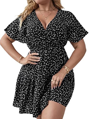 Floerns Women's Plus Size Wrap V Neck Short Sleeve Ruffle Hem A Line Short Dress Black 1XL