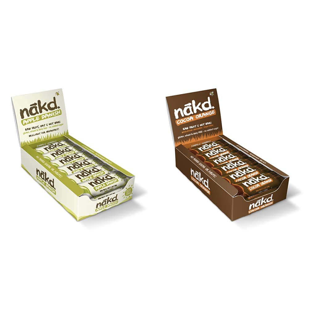 Nakd Apple Danish New Recipe - 30g Bars Case of 18 & Cocoa Orange Natural Snack Bars - Vegan Bars - Healthy Snack - Gluten Free Bars 35 g (Pack of 18)