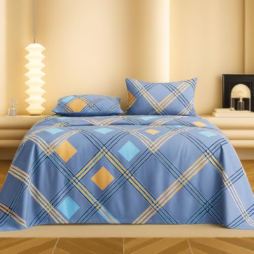 Image of VAS COLLECTIONS 220 TC 100% Cotton Kingston Collection Super King Size Bedsheets with 2 King Size Pillow Covers| Luxury Soft Sheets (3pcs Set) |108x108 inches (Blue, Sky & Yellow)