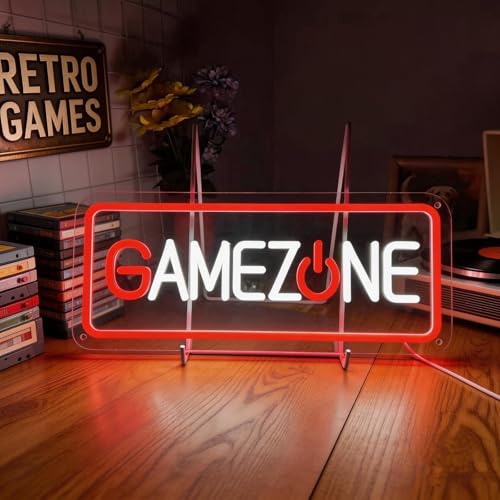 Image of GAMEZONE Neon Sign for Wall Decor - Red & White Led Neon Light for Gaming Room, Bedroom, Cool Game Zone Sign with Dimmable Switch, 15.7x6.7 inch, USB Powered Gaming Wall Art for Boys Room, Man Cave
