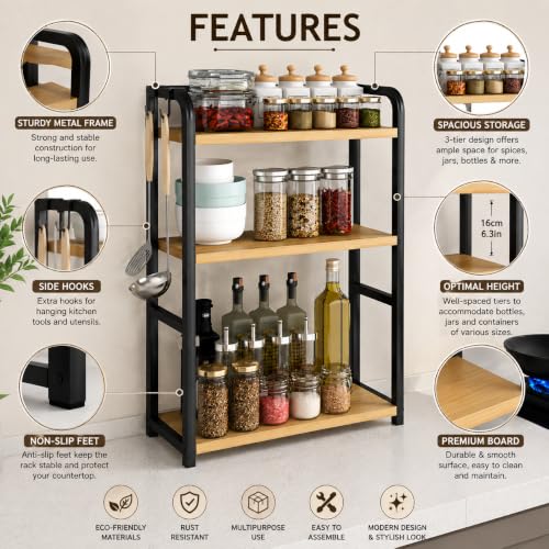 Image of Spice Rack Organizer for Kitchen Countertop, Metal Kitchen Storage Shelf with Wooden Shelves, Pantry Cabinet Organizer for Spice Jars, Oil Bottles, Seasonings, Condiments (Black, 3-Tier)