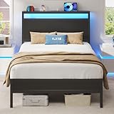 Fluest Twin Bed Frame with Headboard & Footboard, Twin Bed Frame with Charging Station & LED Light, Under-Bed-Storage, No Box Spring Needed, Noise Free, Easy Assembly, Classic Black