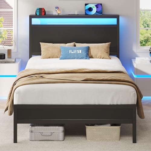 Fleust Twin Bed Frame with Headboard, LED Light & Storage