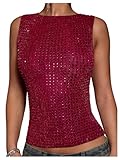 OYOANGLE Women's Sparkly Rhinestone Shirt Sleeveless Crew Neck Tanks Rave Top Concert Outfits Burgundy Large