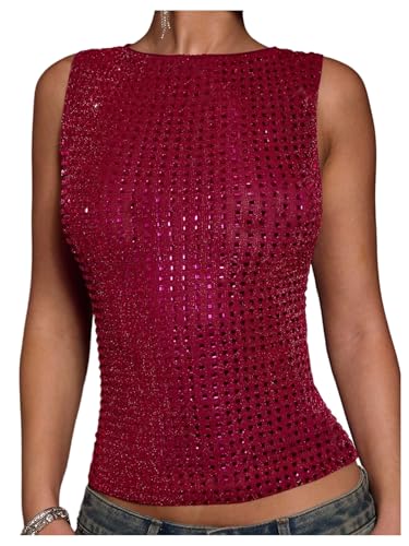 OYOANGLE Womens Sparkly Rhinestone Shirt Sleeveless Crew Neck Tanks Rave Top Concert Outfits Burgundy Large