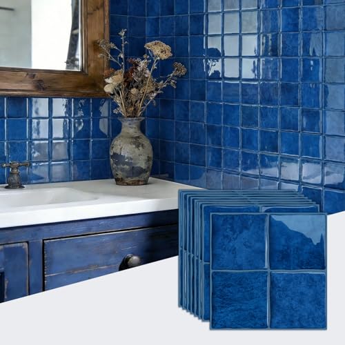 Image of Alwayspon 15x15cmx10Pcs 3D Self Adhesive Wall Tile Sticker Transfers, Peel and Stick Adhesive Waterproof Splashback Stick on Tile Decals for Kitchen Bathroom Wall, Retro Blue
