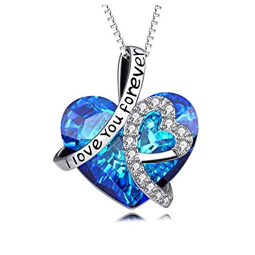 AOBOCO I Love You Forever Necklace Sterling Silver Blue Heart Crystal Christmas Jewelry Gifts for Women Anniversary Birthday Gifts for Wife Daughter