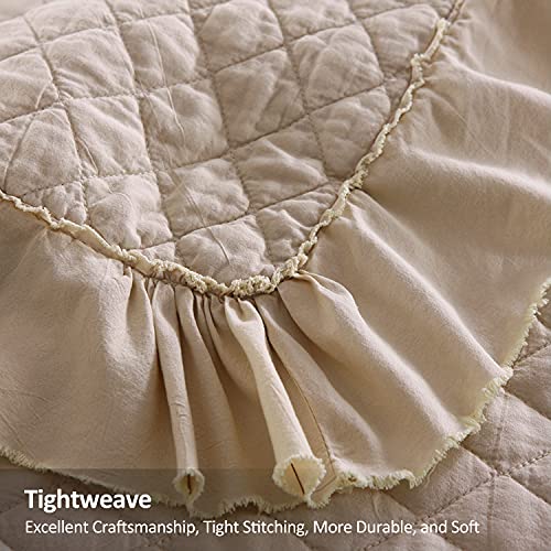 Jml Quilts Queen Size, Stone Washed Microfiber 3 Pieces Bedspreads Coverlet With Ruffle - Super Soft, 320Gsm Oversized Vintage Quilt Set, Beige #TOP3