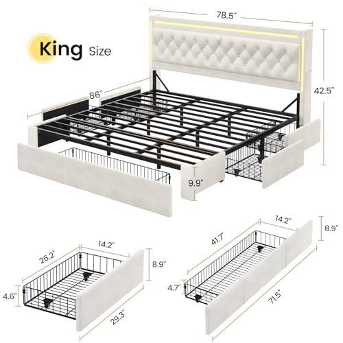 BTHFST King Upholstered LED Bed Frame with 5 Drawers, Velvet Hidden Storage Headboard with Charging Station, Button Tufted Headboard and Heavy Duty Metal Slats Support, No Box Spring Needed, Beige - Thumbnail 2
