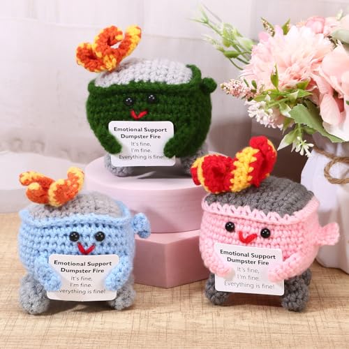 Image of RovyFota Emotional Support Crochet Dumpster Fire with Positive Card Cute Room Decor Knitted Toys Funny Crochet Support Buddies Gifts for Friends (Green&Pink&Blue)