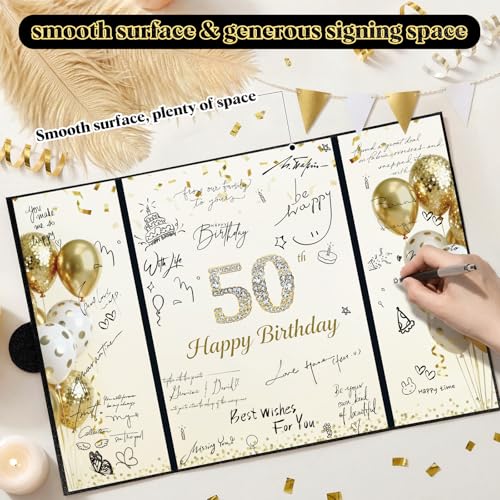 Image of 50th Birthday Guest Book Alternative, Black Gold Signature Board | 16.53 x 11.61 in trifold board, magnetic closure, starlight film, stands upright, pre-printed for 50th birthday wishes