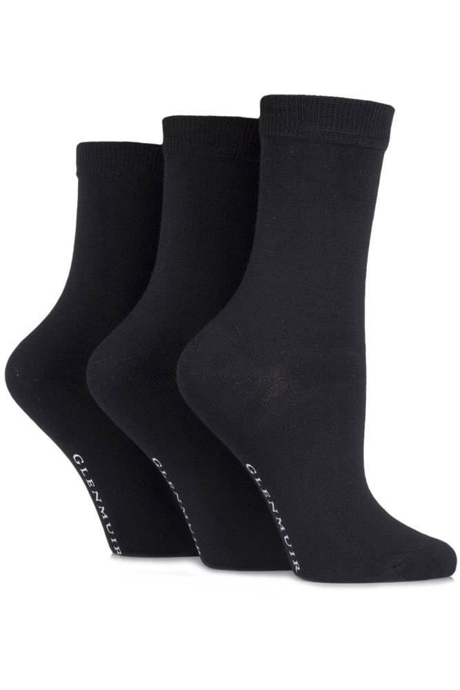 Glenmuir Womens Bamboo Socks Classic Plain Colours, Everyday Comfort, Soft and Breathable 3 Pairs - Black 4-8