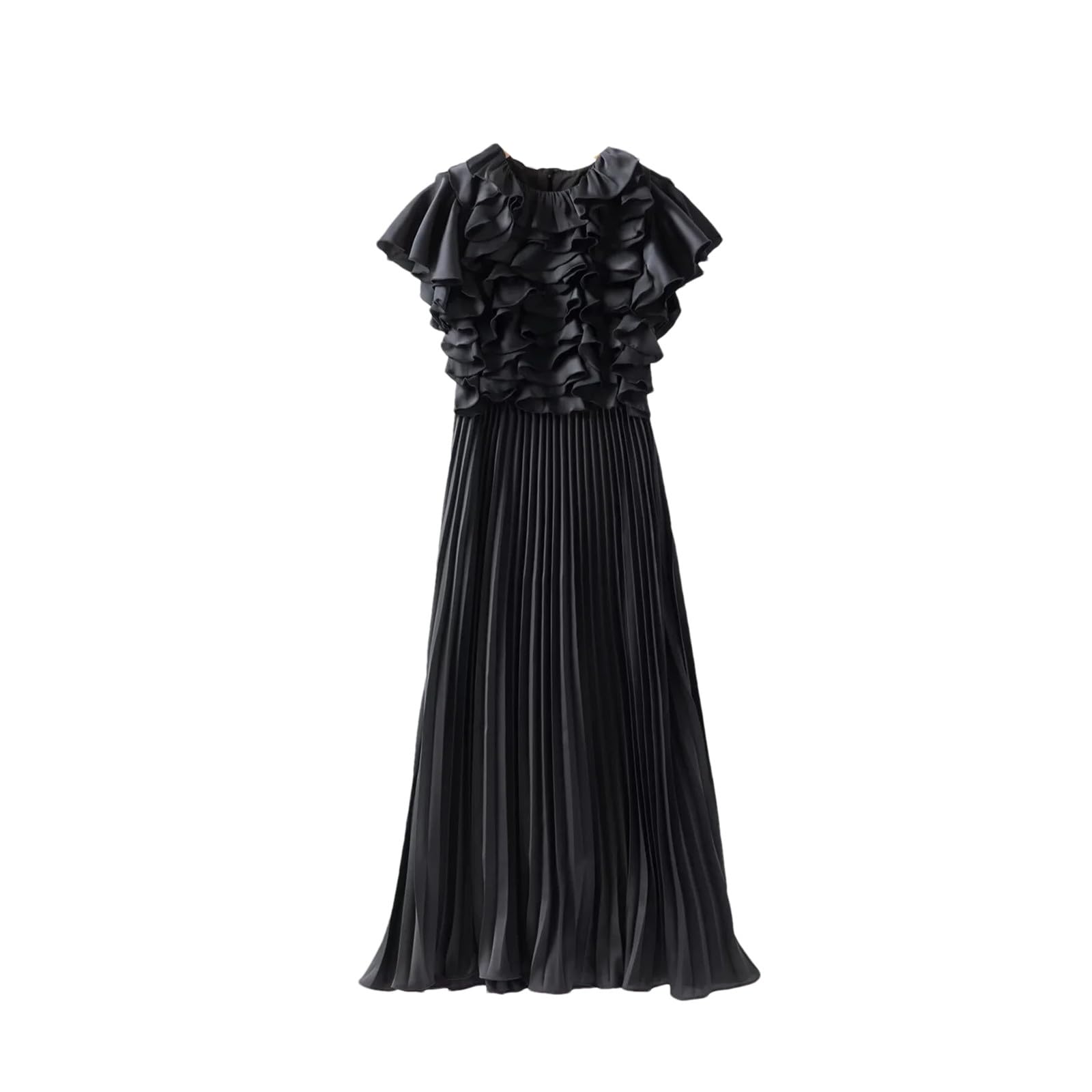 Yeuyyben Elegante abito lungo pieghettato da donna, con volant, patchwork, per feste
